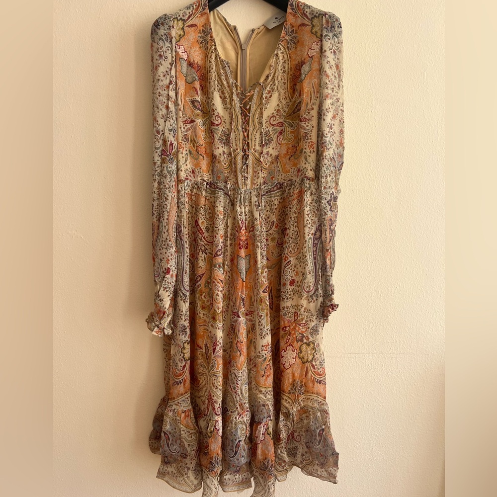 New Etro Milano Multicolor Paisley Print Chiffon Lace up dress Italy Size 40 - Picture 8 of 16